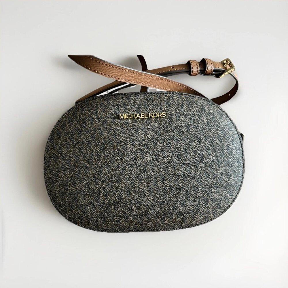MICHAEL KORS JET SET TRAVEL SMALL MED OVAL CROSSBODY BAG SHOULDER MK BROWN LOGO